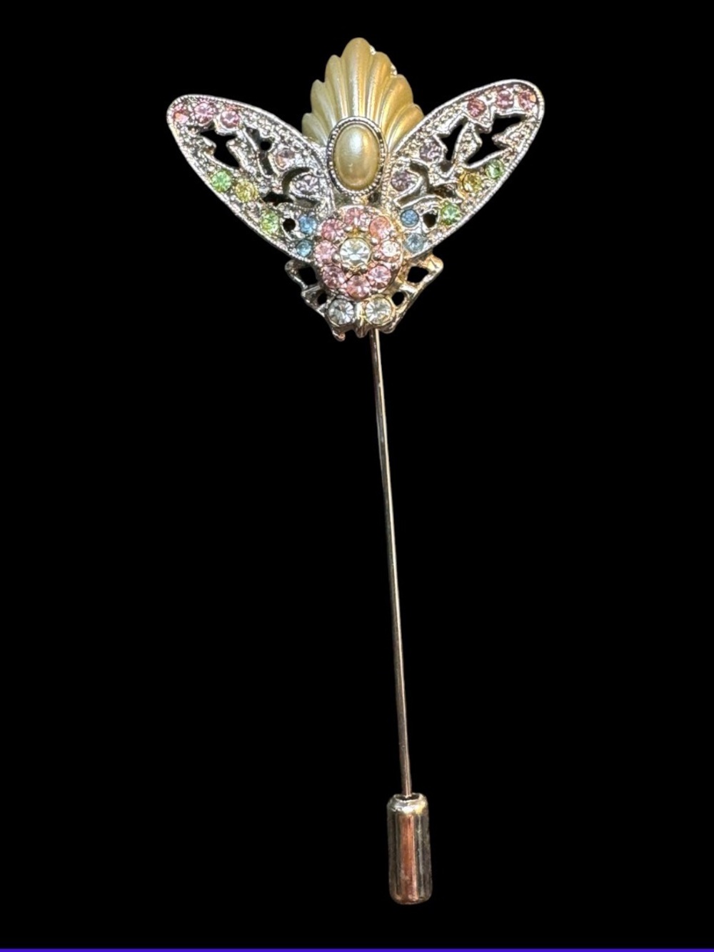 Vintage Jewelry 1928 Insect Bug Rhinestone Stick Pin Silver Tone Brooch